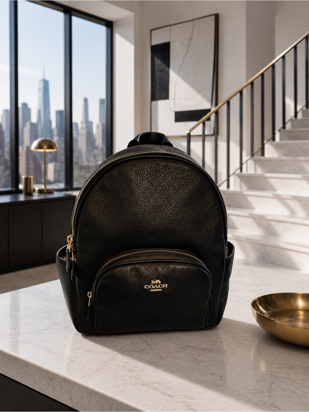 COACH Court Backpack — Black Refined Pebble Leather & Gold Hardware